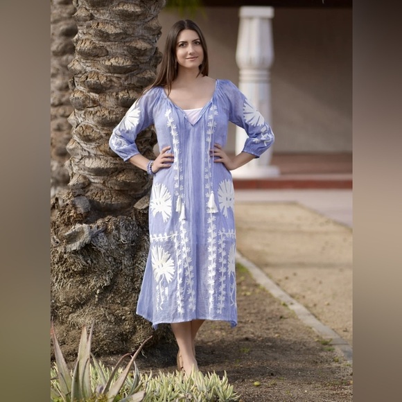 Dolma Elana Embroidered Dress in Sky Blue - Picture 1 of 6